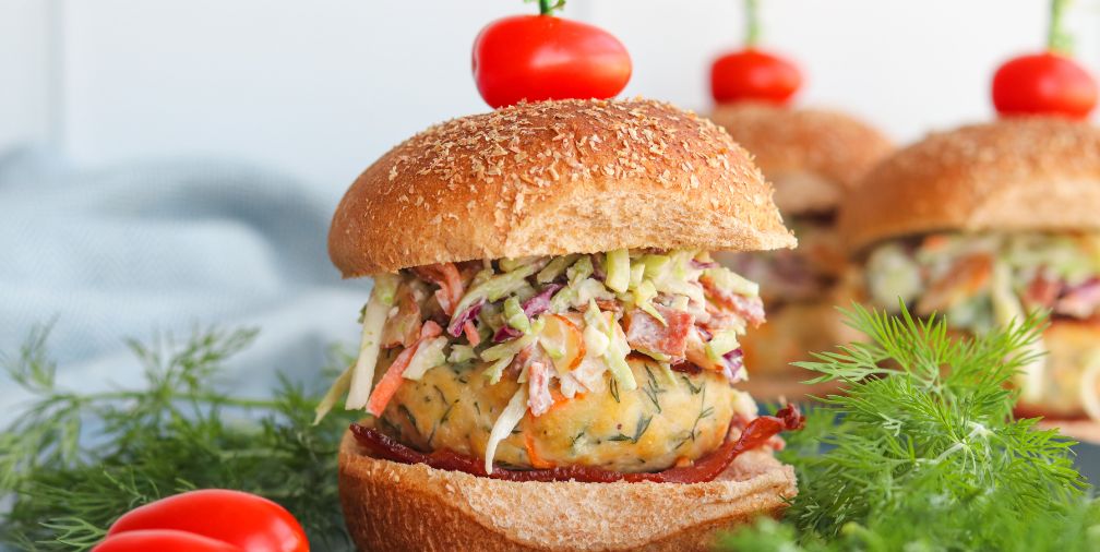 Dill Chicken Burgers with Bacon Broccoli Slaw