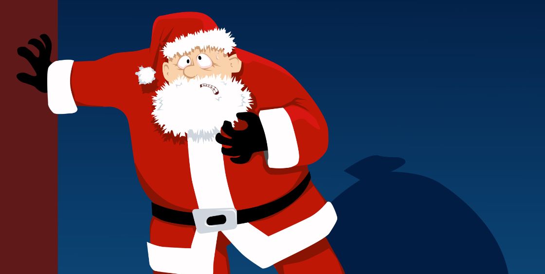 Santa cartoon holding his heart with a pained expression 