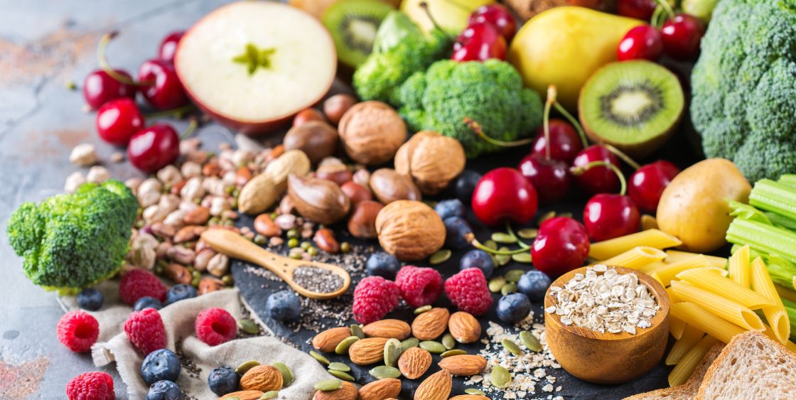 Healthy foods like fruit, veggies, and nuts
