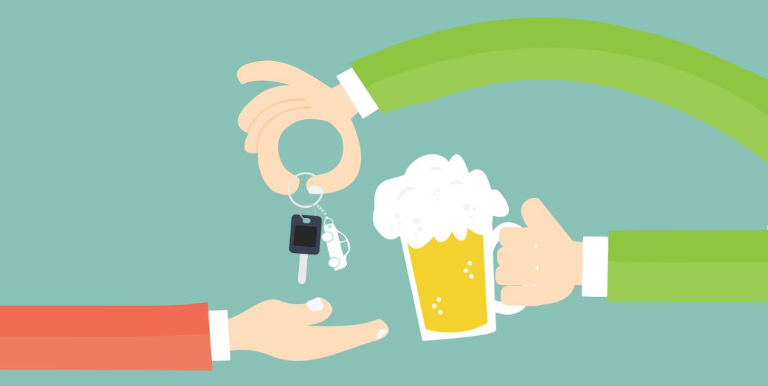 Cartoon graphic of person with green shirt taking a beer and handing their keys to a person in a redshirt 