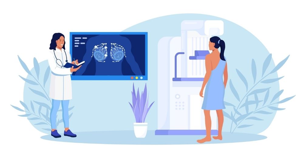 graphic of doctor showing mammogram to woman 