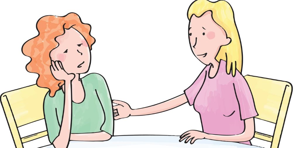 Cartoon figure of two women talking with one looking upset 