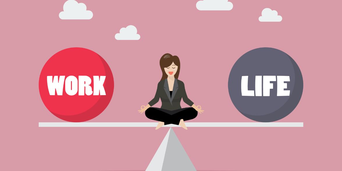 Cartoon graphic of business woman sitting in the middle of a balanced scale that says work on the left and life on the right