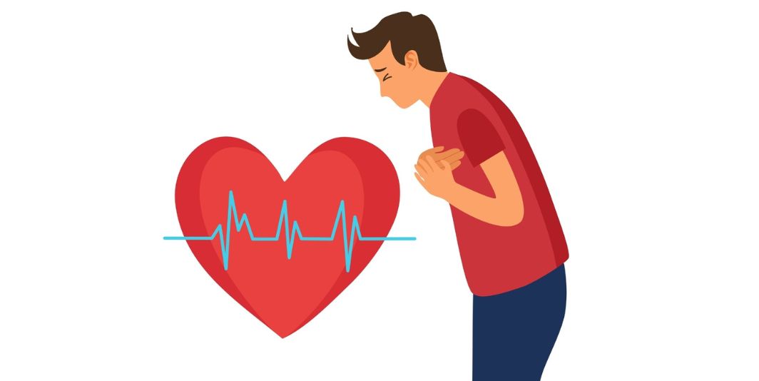 Cartoon man holding heart with graphic of heart with heartbeats through it