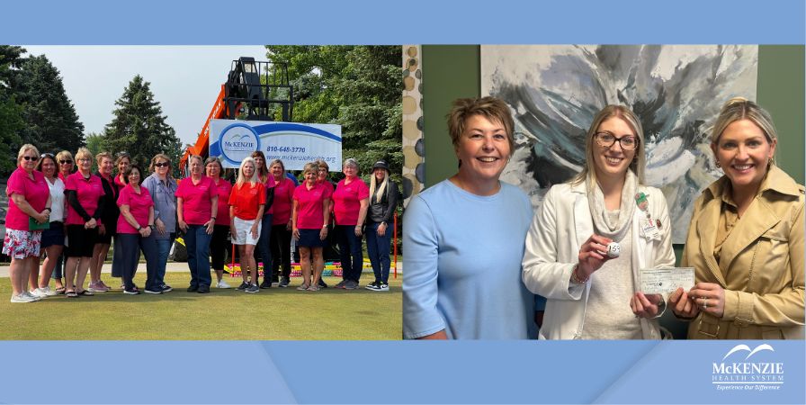 Group photo of Auxiliary Members and Photo of Co-President Emma Navarro, Golf Ball Drop Winner Brenda Weakland, and Auxiliary Co-President Kelsey Loding.